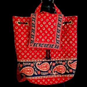 Vera Bradley Red Paisley Fabric Tote Backpack Purse Shoulder Bag Navy Flower